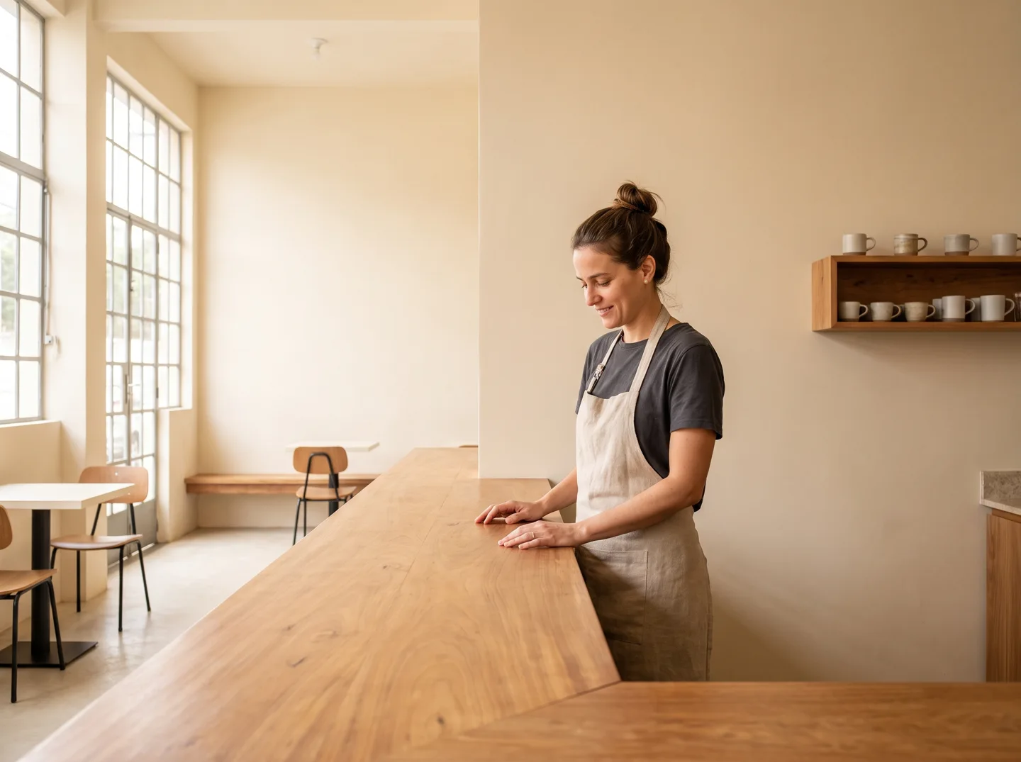 Empreendedora em seu café, em uma cena ilustrativa