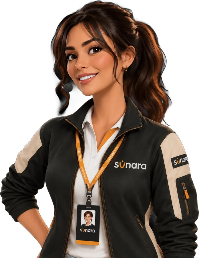 Atendente Sunara com headset e crachá