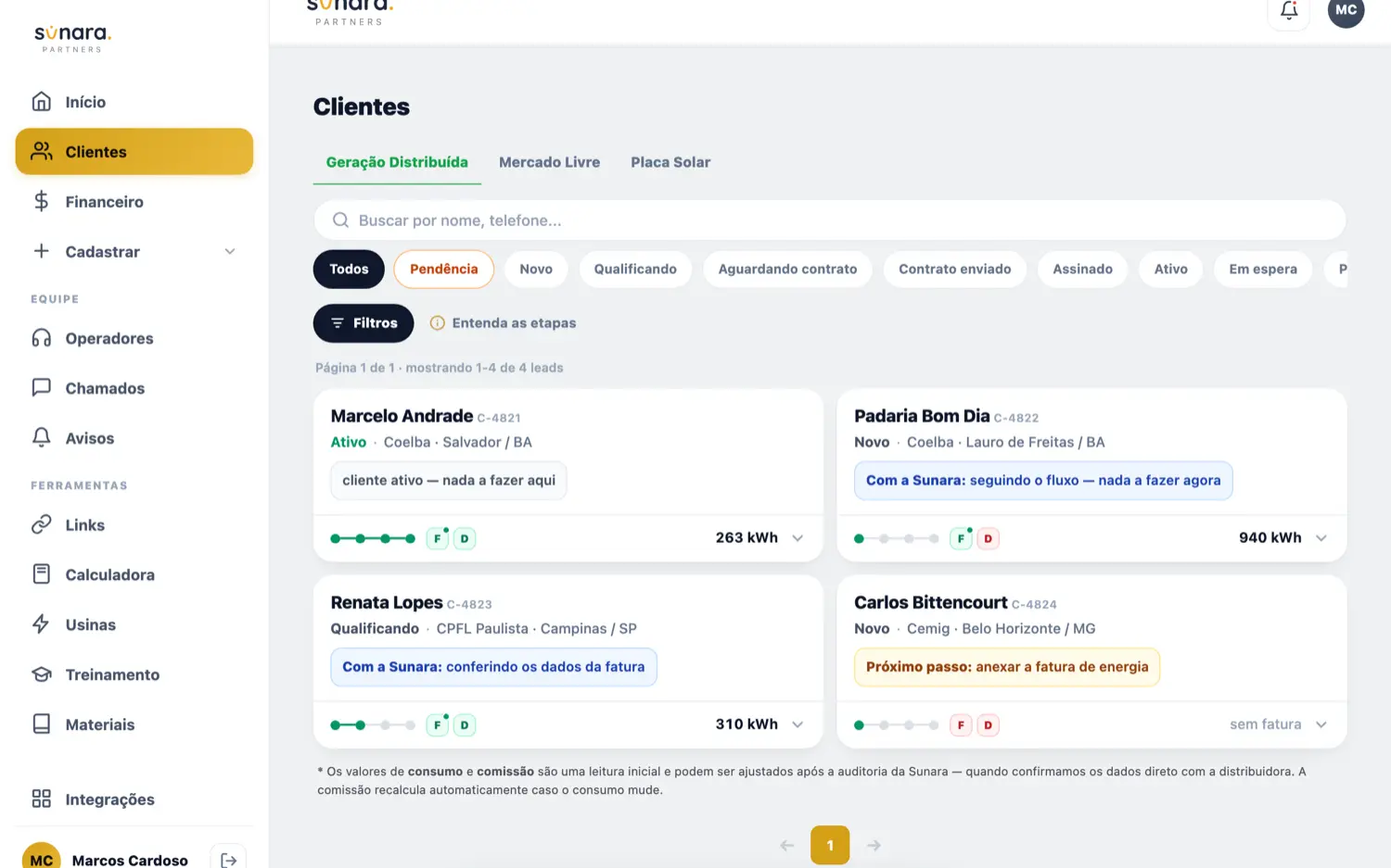 Tela real do painel Sunara com o acompanhamento de clientes