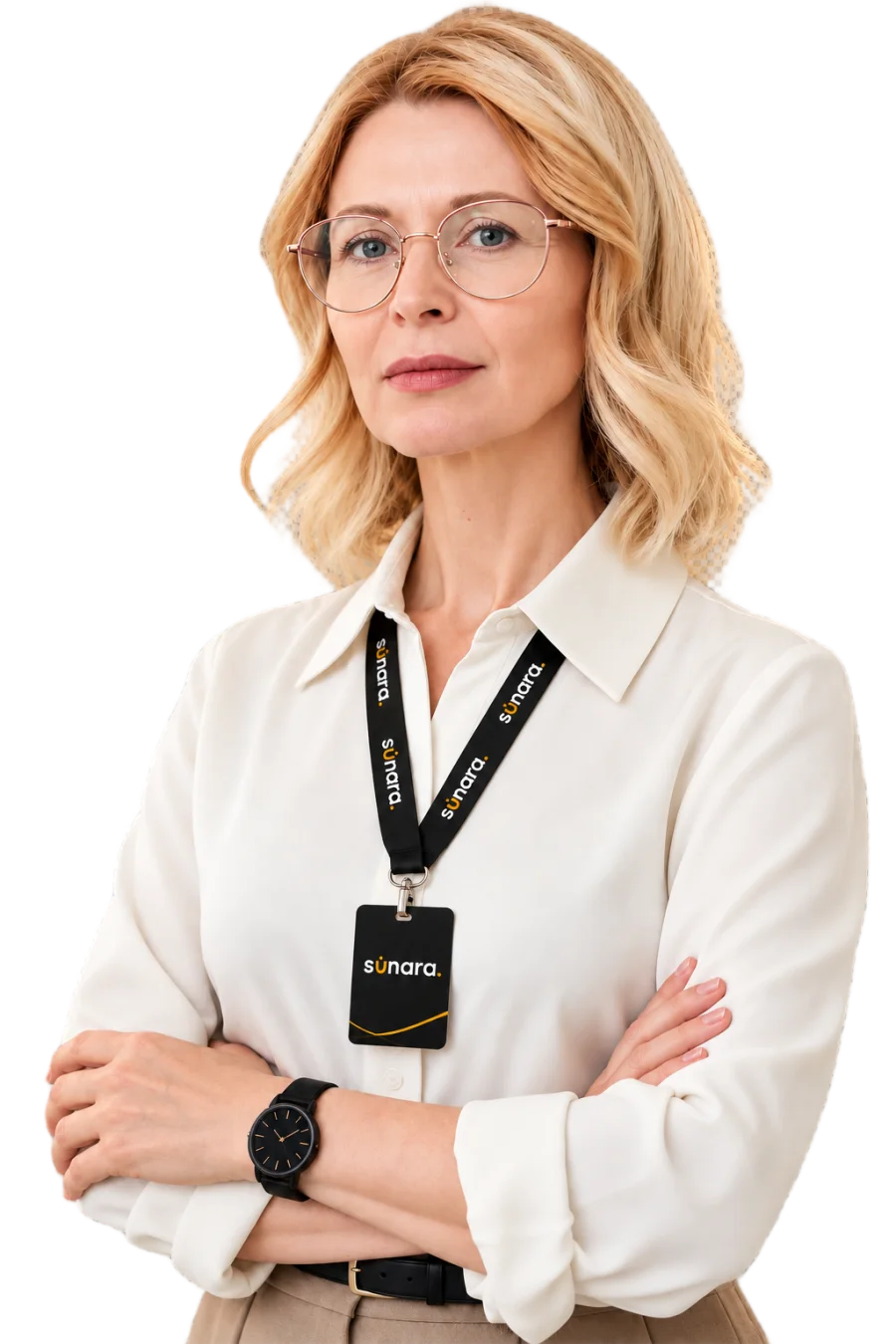 Gestora de empresa com crachá Sunara